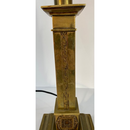 300 - A brass Corinthian column arts and crafts table with telescope attachment lamp along with brass tabl... 