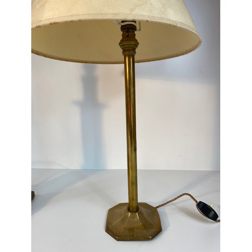 300 - A brass Corinthian column arts and crafts table with telescope attachment lamp along with brass tabl... 