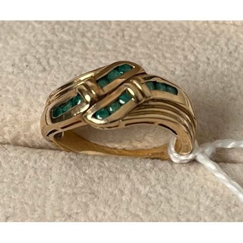 53 - 9ct yellow gold ring set with emerald round cut stones. [Ring size M] [3.35Grams]