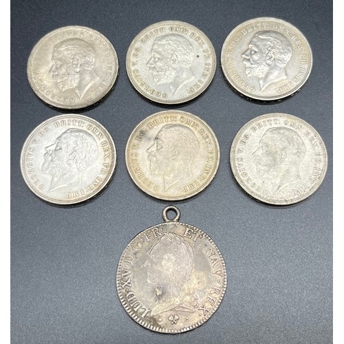 126 - Six Silver George V 1935 Crowns. Together with a large French 1772 LUD XV Coin.