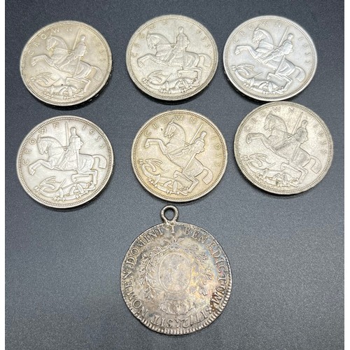 126 - Six Silver George V 1935 Crowns. Together with a large French 1772 LUD XV Coin.