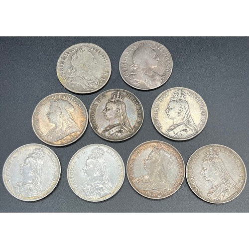 124 - A Lot of nine silver crowns; 1695 & 96 crowns. Seven Queen Victoria Crowns- 1887, 1889, two 1890, 18... 