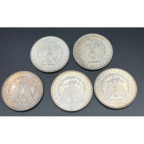 120 - A lot of five Silver Morgan One Dollar Coins. 1880, 1885, 1886 & two 1887.