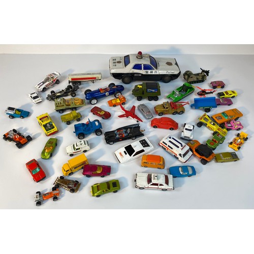 352 - A collection of play worn vehicle's; A Large tin plate police car, Corgi 007 Lotus, 1960s Corgi Batm... 