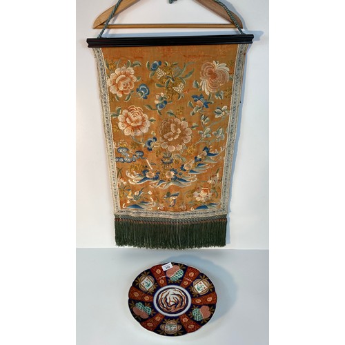 354 - A Vintage Chinese silk wall hanging tapestry depicting floral and bird design along with a Japanese ... 