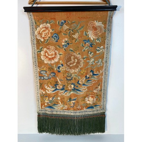 354 - A Vintage Chinese silk wall hanging tapestry depicting floral and bird design along with a Japanese ... 