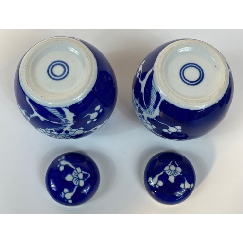 182 - A collection of 3 Chinese lidded prunes ginger jars with covers set in blue background design with f... 