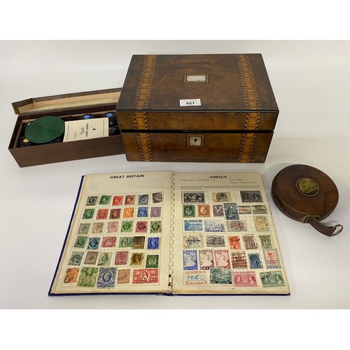 401 - An Edwardian inlaid jewellery box, a set of vintage carpet bowls, Vintage stamp album along with mea... 