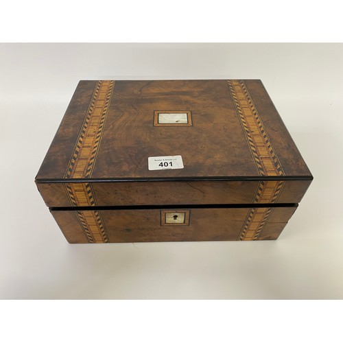 401 - An Edwardian inlaid jewellery box, a set of vintage carpet bowls, Vintage stamp album along with mea... 