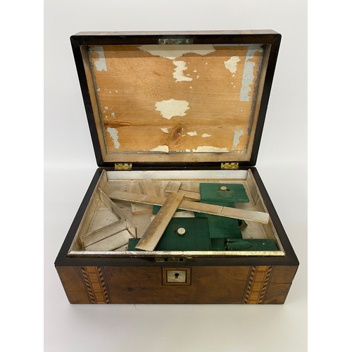 401 - An Edwardian inlaid jewellery box, a set of vintage carpet bowls, Vintage stamp album along with mea... 