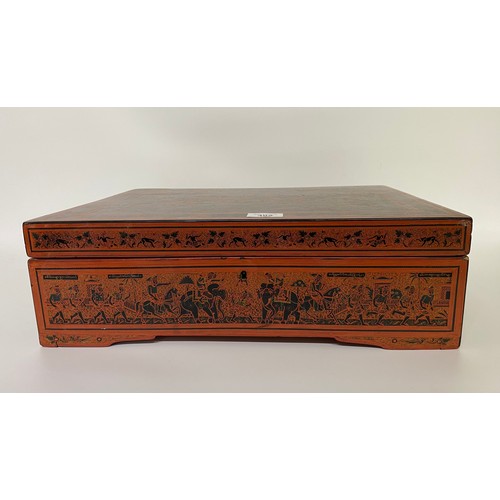 402 - A 20th century lacquered wooden box with key [46x35cm]