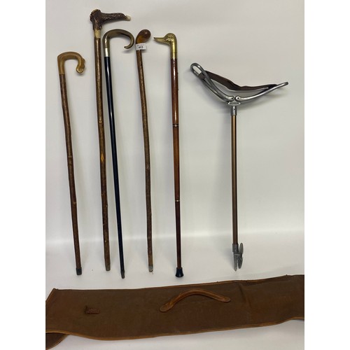 403 - A Collection of antique walking cains & shooting stick; Brass topped duck head walking stick with fi... 