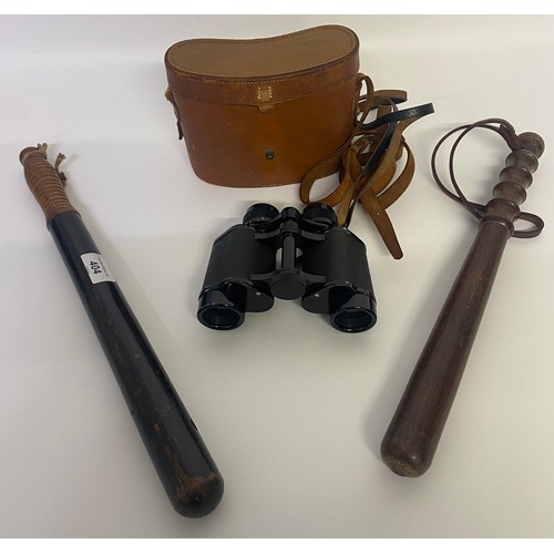 404 - A collection of 2 police batons along with Kerrshaw the Olympic 8x30 binoculars in fitted leather ca... 