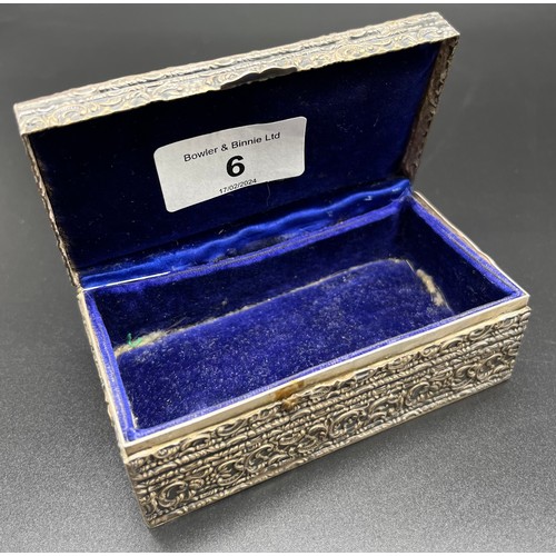 6 - Ornate Birmingham silver jewel box. Produced by Levi & Salaman. Blue velvet interior. [4x10.5x6cm]