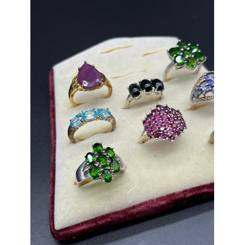 100 - A Lot of eight 925 silver and gem stone rings; Blue topaz, tourmaline and amethyst.