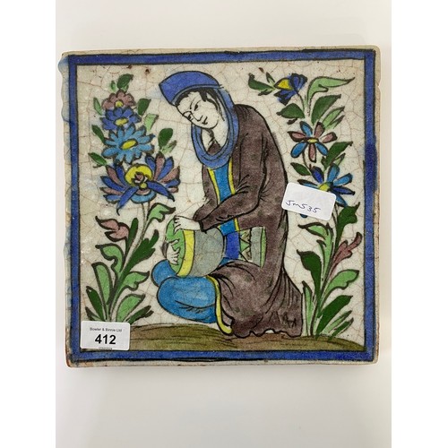 412 - An Antique Persian Iznik Qajar Style Ceramic Pottery Tile [24.5x25cm]