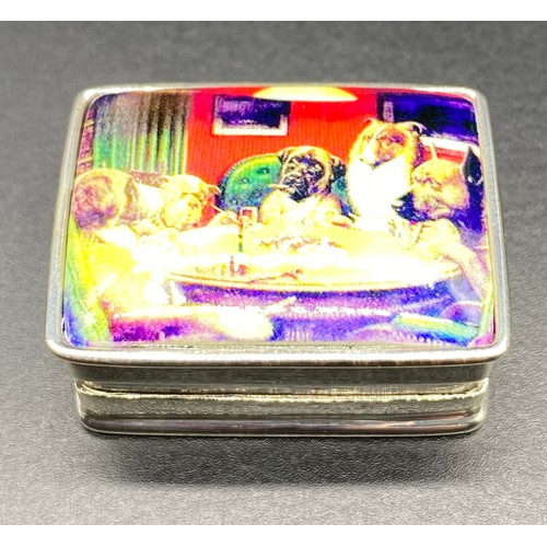 55 - Silver pill box with enamel lid depicting dog