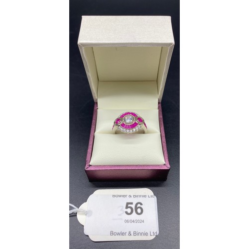 56 - A Silver CZ & Rubellite Art Deco Ring [Size O]