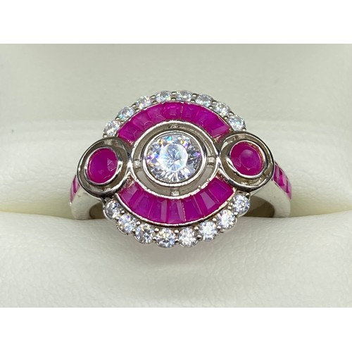 56 - A Silver CZ & Rubellite Art Deco Ring [Size O]