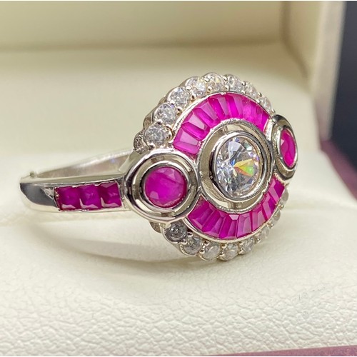 56 - A Silver CZ & Rubellite Art Deco Ring [Size O]