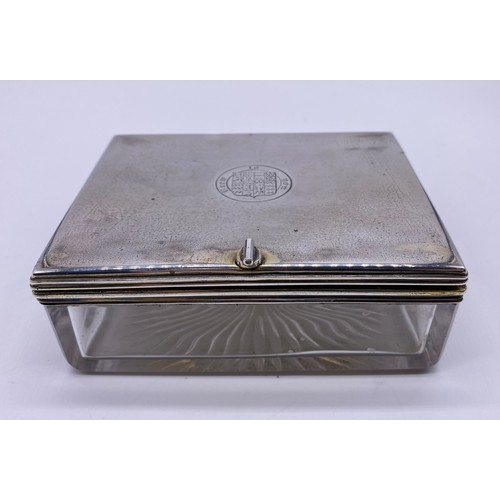 14 - Victorian silver topped box, glass base,
London 1847, the rectangular lid with
engraved shield and m... 