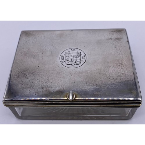 14 - Victorian silver topped box, glass base,
London 1847, the rectangular lid with
engraved shield and m... 