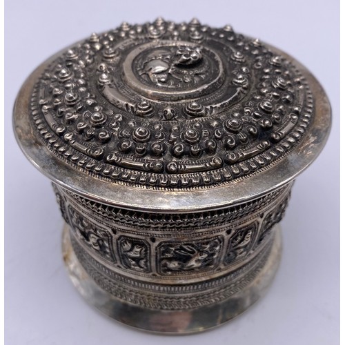 25 - A 19 th century Burmese spice box and cover
All over traditional exterior decoration,
the interior w... 