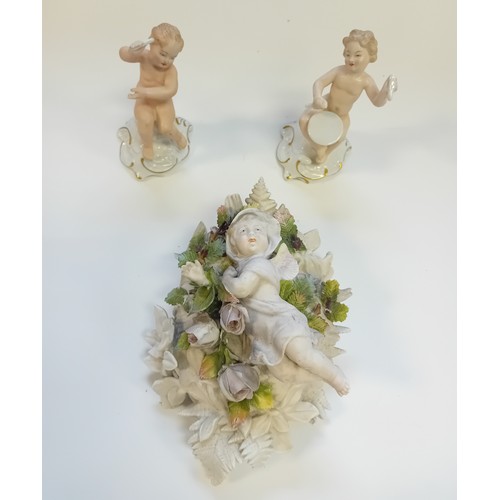 97 - A pair of Wallendorf 1764 Germany figurines ''Boy playing Drum'' and one other. Together with French... 