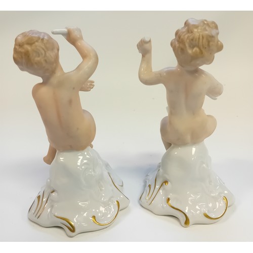 97 - A pair of Wallendorf 1764 Germany figurines ''Boy playing Drum'' and one other. Together with French... 