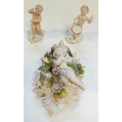 97 - A pair of Wallendorf 1764 Germany figurines ''Boy playing Drum'' and one other. Together with French... 