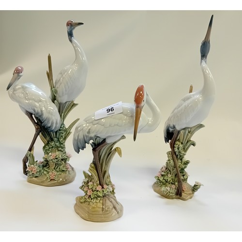 96 - Set of three Lladro Figurines Courting Crane, Dancing Crane and Preening Crane porcelain