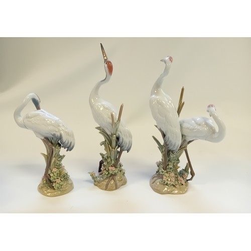 96 - Set of three Lladro Figurines Courting Crane, Dancing Crane and Preening Crane porcelain