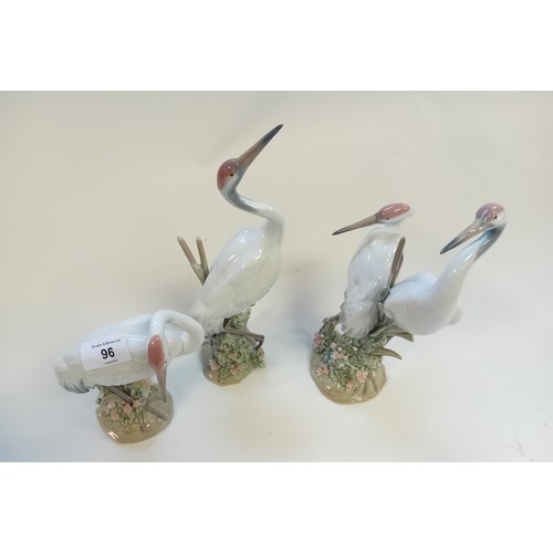 96 - Set of three Lladro Figurines Courting Crane, Dancing Crane and Preening Crane porcelain