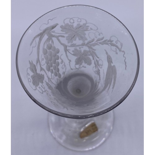 54 - Jacobite Style wine glass with a multi spiral air twist stem and engraved with birds and grapes [pre... 