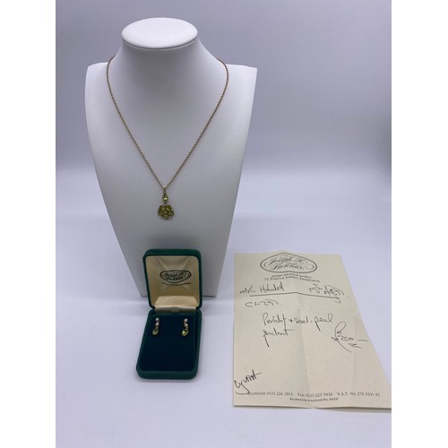 30 - 9ct Gold chain and peridot and seed pearl pendant with matching earrings. Original receipt for penda... 