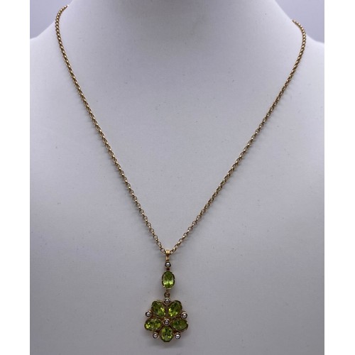 30 - 9ct Gold chain and peridot and seed pearl pendant with matching earrings. Original receipt for penda... 