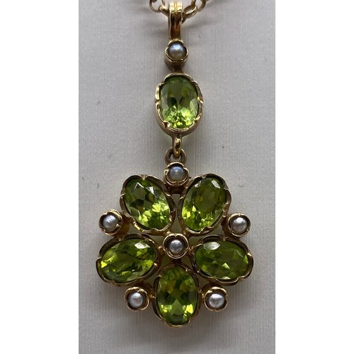 30 - 9ct Gold chain and peridot and seed pearl pendant with matching earrings. Original receipt for penda... 