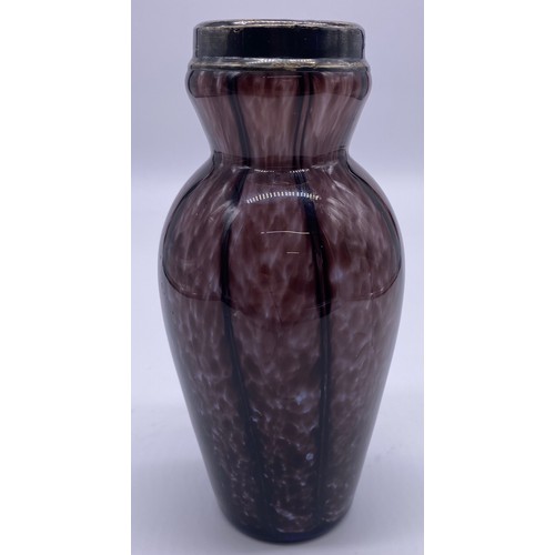 43 - Hand blown purple and white art glass vase with silver collar, James Deakin & Sons (John & William F... 