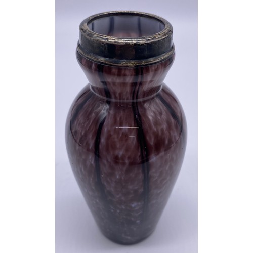 43 - Hand blown purple and white art glass vase with silver collar, James Deakin & Sons (John & William F... 