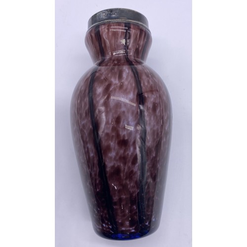 43 - Hand blown purple and white art glass vase with silver collar, James Deakin & Sons (John & William F... 