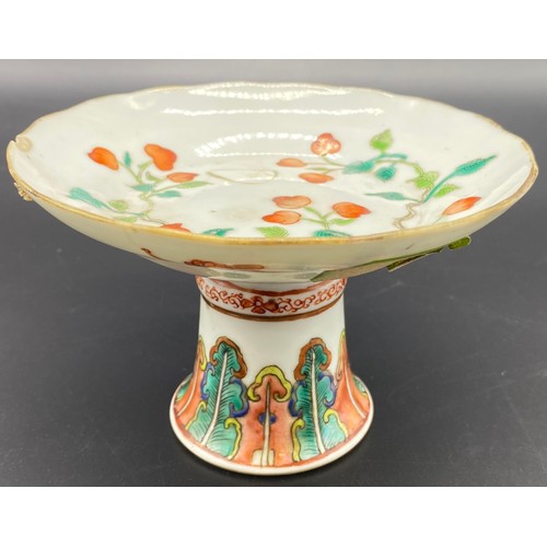 92 - 19th Century Chinese porcelain tazza alter dish, hand painted bats and floral decoration.
[Height - ... 