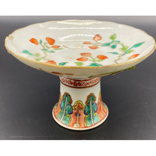 92 - 19th Century Chinese porcelain tazza alter dish, hand painted bats and floral decoration.
[Height - ... 