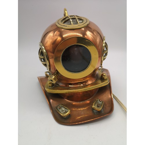 100 - Brass Deep Sea Divers Helmet with electric light fitting, H 20cm.