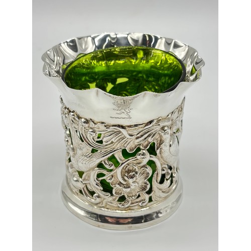 52 - Goldsmiths & Silversmiths of London silver posy vase with original green glass liner and birds and f... 