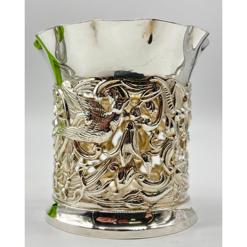 52 - Goldsmiths & Silversmiths of London silver posy vase with original green glass liner and birds and f... 