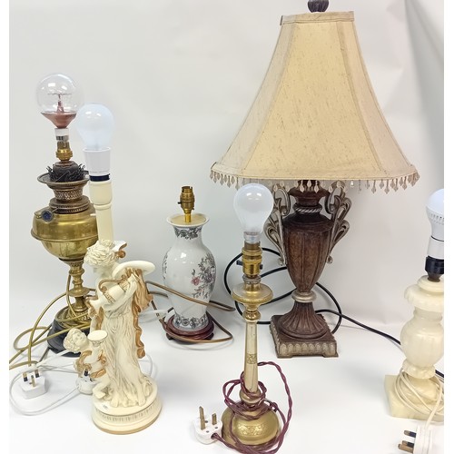 358 - Collection of six lamps to include onyx, urn style with shade, converted brass oil lamp, ceramic and... 