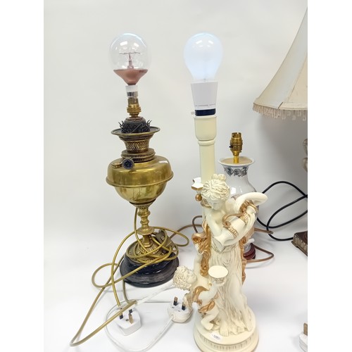 358 - Collection of six lamps to include onyx, urn style with shade, converted brass oil lamp, ceramic and... 