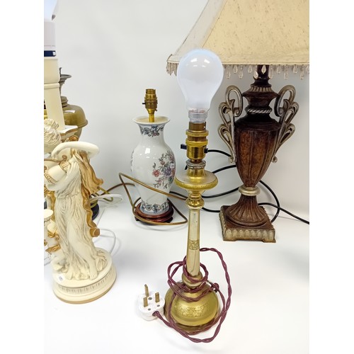 358 - Collection of six lamps to include onyx, urn style with shade, converted brass oil lamp, ceramic and... 