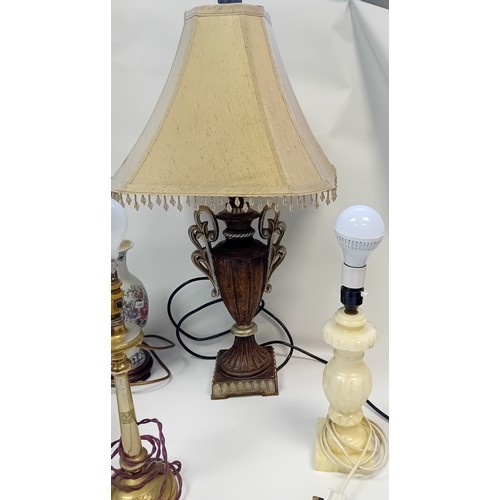 358 - Collection of six lamps to include onyx, urn style with shade, converted brass oil lamp, ceramic and... 