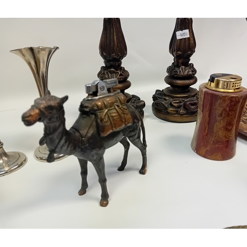 362 - Collectable odds; Novelty camel and onyx lighter, dressing table set, wooden carved candle sticks, p... 